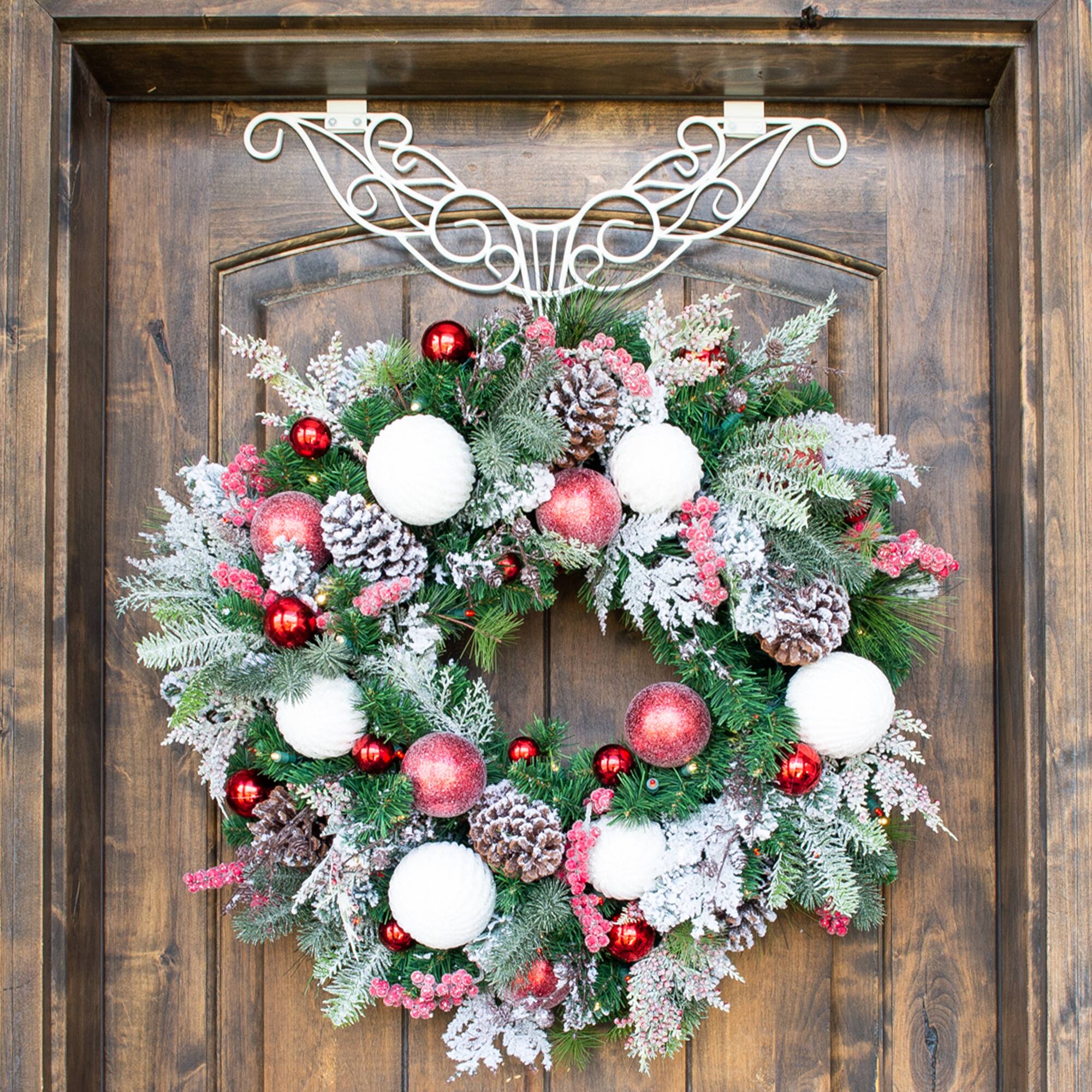 Village Lighting 30" Pre-Lit Frosted Wonderland Christmas Wreath, Red & Clear LED Lights